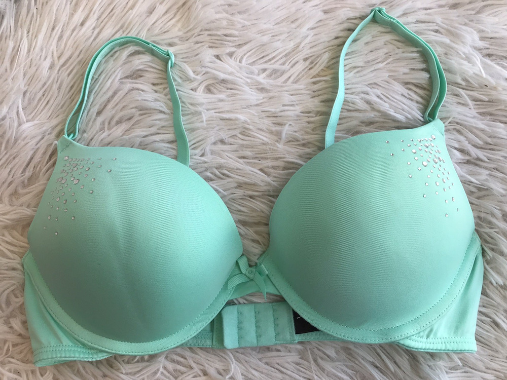Smart And Sexy Lace Push Up Bra With Rhinestone Accent 34B Aqua Bow